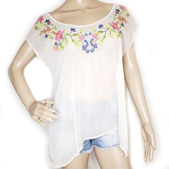 Lauren Conrad Sheer Floral Embroidered Blouse Top For Women Size S White boho - Picture 1 of 6